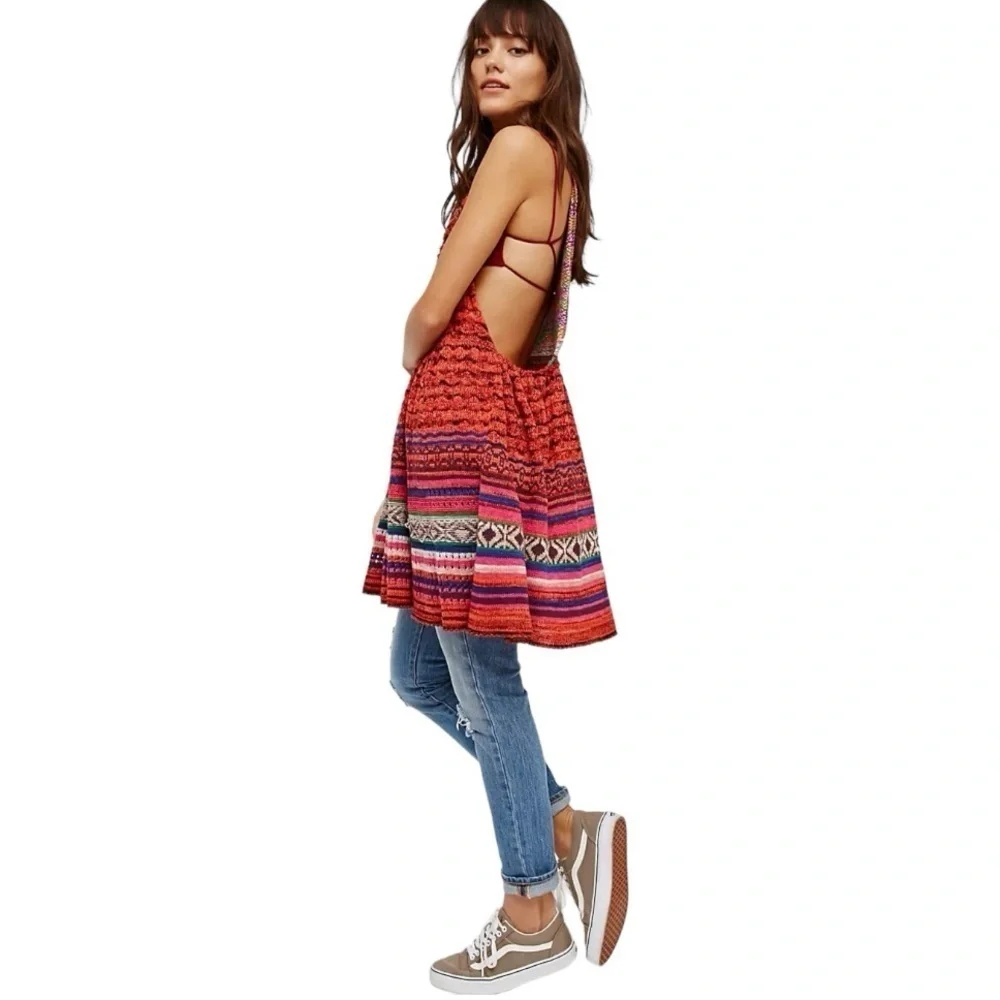 Free People Rare Hearts Tunic Knit Open Sides Multicolor Bohemian Top Womens Med